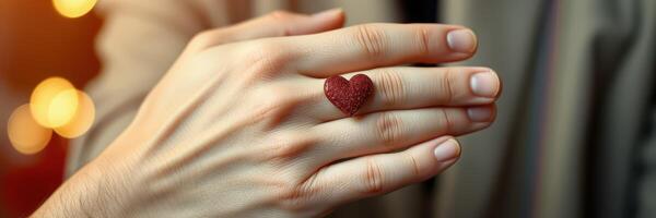 Hand adorned with a heart ring showcasing love and affection during a cozy evening gathering photo