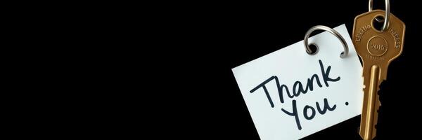 Gratitude expressed through a key tag with a handwritten thank you note on a dark background photo