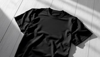 Photorealistic black t-shirt mockup on wooden background, offering a blank canvas for your design - symbolizing simplicity and versatility, suitable for e-commerce and product presentations. photo
