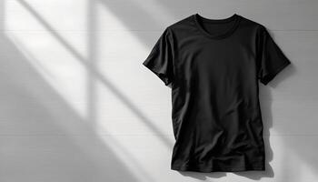 A realistic black t-shirt mockup displayed on a white wooden surface with a gentle shadow, representing simplicity and versatility, perfect for apparel design presentations and online stores photo