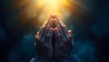 Clasped hands bathed in divine light, symbolizing hope and faith in a hyperrealistic digital painting - Generated using AI photo