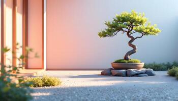 A serene bonsai tree in a minimalist garden setting, bathed in warm sunlight - Generated using AI photo
