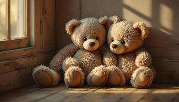 Two adorable teddy bears are sitting side by side in the sunlight, captured in hyperrealistic digital painting - Generated using AI photo