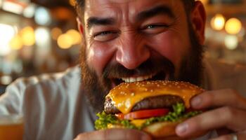 Close-up of a man with a beard joyfully devouring a large burger in a restaurant - Generated using AI photo