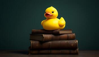 A hyperrealistic digital photo of a rubber duck perched atop a stack of old leather books - Generated using AI