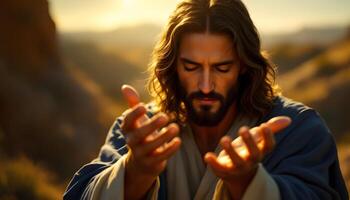 A hyperrealistic digital photo of Jesus Christ with hands outstretched in prayer - Generated using AI