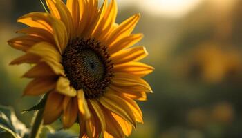 A hyperrealistic close-up captures a single wilting sunflower in golden light - Generated using AI photo