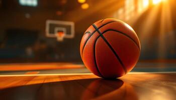 A dynamic closeup shot of a basketball on a court with golden sunlight - Generated using AI photo