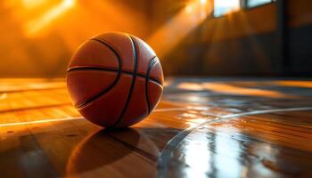 A close-up of a basketball on a court with warm lighting - Generated using AI photo