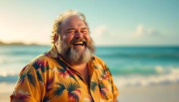 A jovial overweight man mid-40s with a full beard laughing heartily at the beach - Generated using AI photo