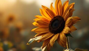 A hyperrealistic close-up of a single wilting sunflower in soft golden light - Generated using AI photo