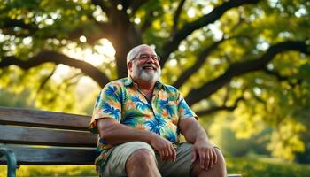 A cheerful middle-aged man with a bright smile sits on a park bench, enjoying nature - Generated using AI photo