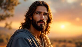A serene and powerful hyperrealistic portrait of Jesus with golden hour lighting - Generated using AI photo