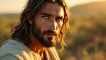 A hyperrealistic portrait of Jesus, displaying a serene and powerful presence, with a gentle gaze - Generated using AI photo