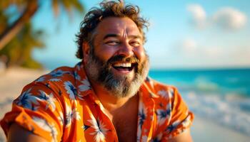 A jovial overweight man mid40s with a full beard laughing on a beach, enjoying vacation - Generated using AI photo