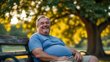 A jovial overweight man in his mid-40s with a kind smile sitting on a park bench - Generated using AI photo