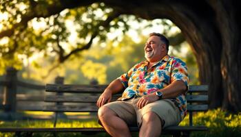 A jovial middle-aged man enjoying a relaxing moment on a park bench, laughing heartily - Generated using AI photo