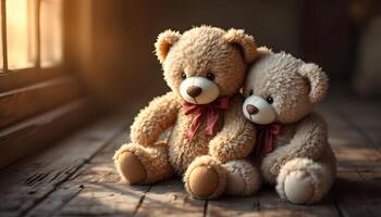 Two fluffy teddy bears with red bows sitting by the window, creating a warm and comforting scene - Generated using AI photo