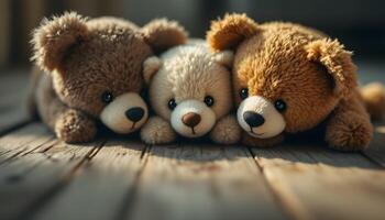 A close-up view of three adorable vintage teddy bears lying on a wooden surface - Generated using AI photo