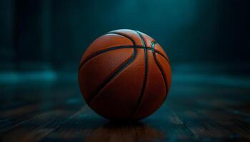 A close-up of a textured basketball placed on a wooden court under moody lighting - Generated using AI photo