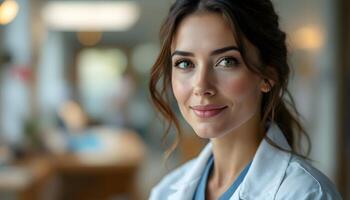 A close-up portrait of a kind-faced female doctor with a warm smile - Generated using AI photo