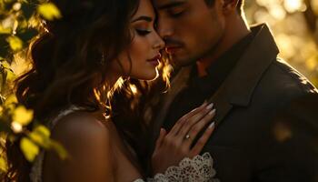 A tender embrace between a couple in a golden hour setting - Generated using AI photo