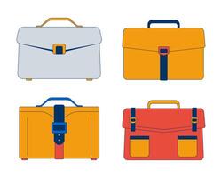 Four briefcases for professionals 2D cartoon objects set. Business accessories. Workplace essentials isolated elements flat cliparts on white background. Spot illustrations collection vector
