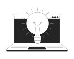 Lightbulb idea against open laptop screen black and white 2D line object. Online solutions. Bright light bulb notebook technology isolated clip art outline item. Monochromatic spot illustration vector
