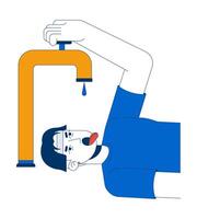 Water scarcity 2D illustration concept. Drought environmental issue. Thirsty asian man struggling with dry tap and droplet cartoon character isolated on white. Metaphor abstract flat graphic vector