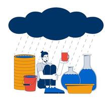 Rainwater harvesting 2D illustration concept. Conservation. Caucasian man collecting rain water with various containers cartoon character isolated on white. Metaphor abstract flat graphic vector