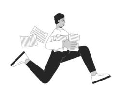 Arab businessman running with papers stack in hand black and white 2D line character. Documents flying behind office worker stressed isolated outline person. Monochromatic spot illustration vector