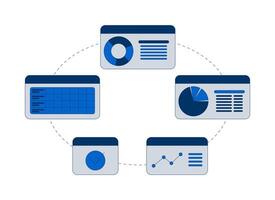 Interconnected circular business dashboard workflow 2D cartoon object. Data integration, analysis. Information management isolated element flat clipart on white background. Spot illustration vector