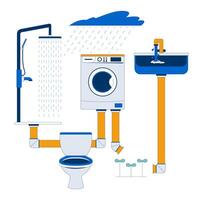 Greywater reuse system for domestic use 2D illustration concept. Shower, washer, sink, toilet and rainwater irrigation cartoon composition isolated on white. Metaphor abstract flat graphic vector