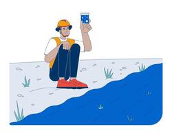 Field worker testing river water quality cartoon flat illustration. Fieldwork. Environmental scientist water contamination sample 2D character isolated on white background. colorful image vector