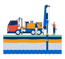 Water well drilling with groundwater layers cartoon flat illustration. Borewell construction. Drillers workers with drilling rig 2D characters isolated on white background. colorful image vector