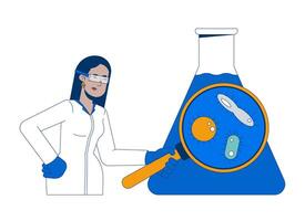 Microbiologist analyzing water sample 2D illustration concept. Female scientist in lab coat inspecting microorganisms cartoon character isolated on white. Metaphor abstract flat graphic vector