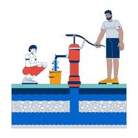 Hand water pump usage for groundwater extraction cartoon flat illustration. Black man filling bucket with waterpump, woman crouching 2D characters isolated on white background. colorful image vector