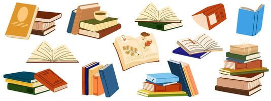 Stacks of books for reading, pile of textbooks for education. Set of literature, dictionaries, encyclopedias, planners with bookmarks. Pile of books, cup of tea. Illustration isolated vector