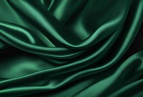 Dark green silk satin background featuring elegant soft folds on a smooth fabric surface perfect for luxurious wide design banners. photo