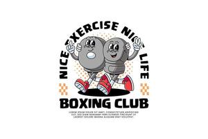 boxing glove and punching mitt retro cartoon character mascot illustration with walking pose and showing index finger up and peace hand for boxing training fighter sport club mascots and merchandise vector
