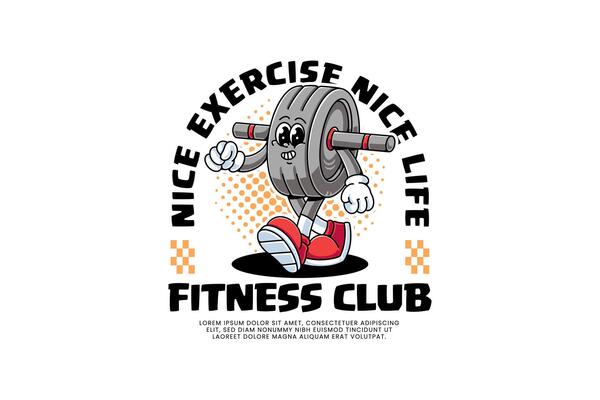 abs wheel push up bar handle retro cartoon character mascot illustration with walking and relaxing pose for fitness gym bodybuilding sport club mascots and merchandise