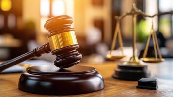 Judge's gavel striking sound block with scales of justice in background, symbolizing law, justice, and legal decisions photo