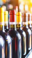 Various wine bottles are neatly arranged, showcasing different brands and types, ready for purchase in a retail setting photo