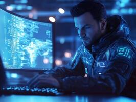 Software developer working on source code displayed on curved monitor in modern office environment with futuristic neon lights photo