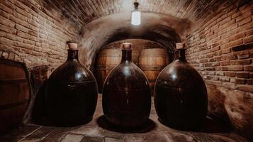 Wine aging in large glass demijohns and oak barrels in a traditional brick cellar, creating an atmosphere of timeless craftsmanship photo