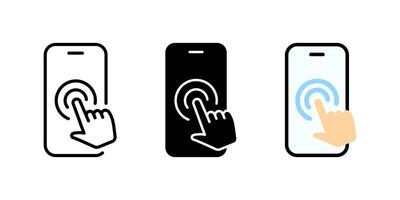 Mobile phone touch screen icon. Hand pointer gesture. Display finger click, press or tap illustration. Touch screen web interface swipe button concept. Hand cursor mobile phone display sign. vector