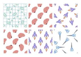 Set of seamless patterns with music notes, brains and rockets in flat style vector