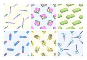 Set of seamless patterns with school stationery and office supplies in flat style vector