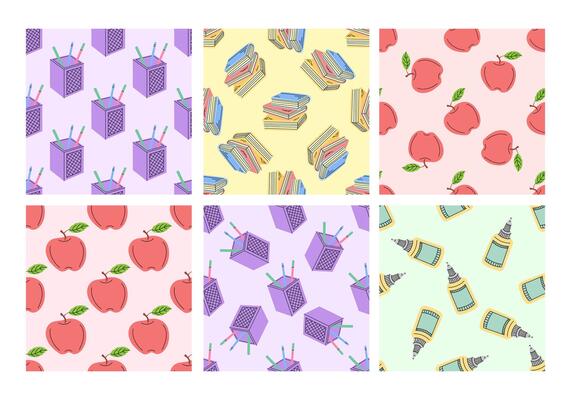 Set of seamless patterns with school supplies and apples in flat style