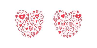 Heart shape made of various red hand-drawn hearts on white background in flat style vector